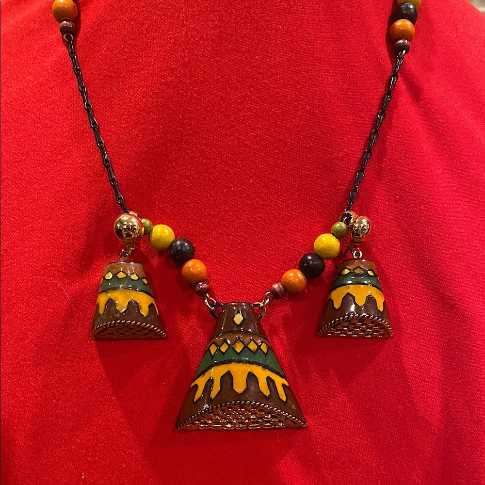 Eisenberg Artist Series Brown and Orange Bell Pendant Necklace and Earring Set.